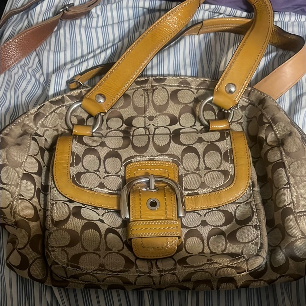 Coach Brown and Yellow Shoulder Bag with Signature Monogram
